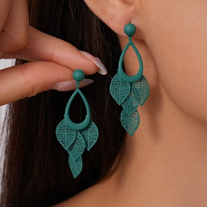 Matte forest green leaf tassel earrings featuring a unique hollow teardrop drop design