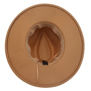 Detail of wool felt fedora interior with adjustable sweatband and product label
