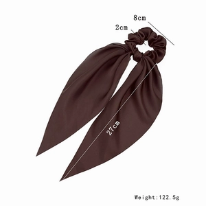 Dark brown satin bow scrunchie with long ribbon tails and size dimensions