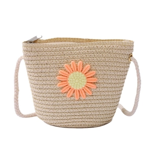 Girl's woven straw crossbody bag with daisy embroidery and zipper for summer