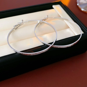 Detailed close-up of large textured silver hoop earrings on a soft jewelry cushion