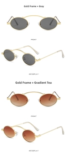 Vertical display of oval sunglasses in gold frame with grey and gradient tea lenses