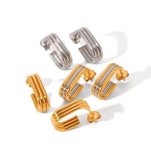 Minimalist geometric triple ribbed hoop earrings in gold, silver and mixed tones