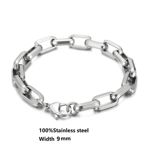 Close-up of 9mm wide stainless steel chunky chain bracelet with sturdy lobster clasp