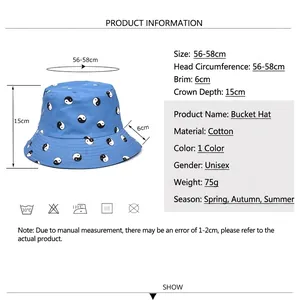 Blue cotton bucket hat with Yin Yang print and detailed size chart measurements