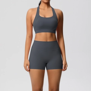 Details zum dunkelgrauen Yoga-Set mit Sport-BH und Shorts mit hoher Taille für Damen
