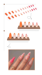Détails de faux ongles amande avec motifs de cœurs rose et orange et style français