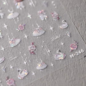 Holographic laser nail art stickers featuring ballet swans and roses, model M-246