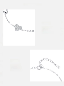 Macro detail of 925 sterling silver heart bracelet with high-grade zircon pavé settings