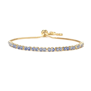 Adjustable golden evil eye bracelet with blue enamel details and sliding clasp
