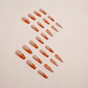 Long coffin fake nails with nude base and orange heart graffiti art 24pcs set