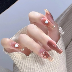 Translucent Blush Pink Gradient Press On Nails With Heart Pattern Coffin Shape Artificial False Nails For Women Daily Use