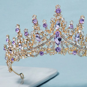 Luxury gold tiara with purple crystals and white diamonds for bridal party and princess wear