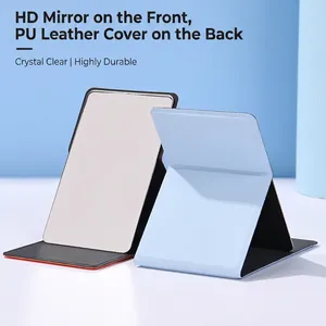 Portable tri-fold makeup mirror with light blue PU leather case and HD glass for travel