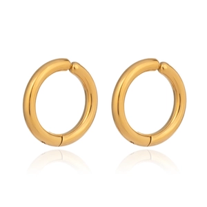 Detailed view of polished 18K gold-plated stainless steel clip-on earrings on white background