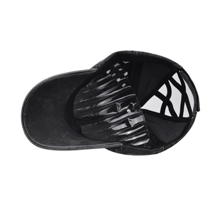 Distressed black high ponytail baseball cap with elastic criss-cross back design
