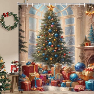 Detail of Christmas shower curtain featuring festive tree, gifts, and fireplace scene