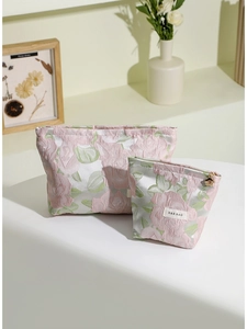 Lot de trousses de toilette en jacquard à fleurs avec motifs roses et zips dorés