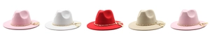 Detail view of five wool fedora hats in various colors with pearl and tassel bands