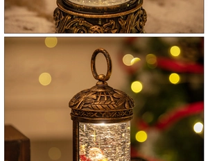 Close-up of vintage bronze Christmas lantern with Santa Claus and swirling glitter snow