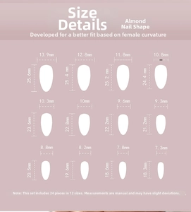 Size chart for almond-shaped press-on nails showing 12 different widths and lengths
