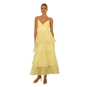 Elegant yellow backless ruffled tiered midi evening dress with adjustable straps for women