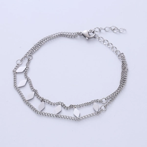Minimalist silver mirror stainless steel double layer bracelet with rhombus pendants