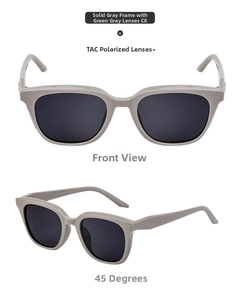 Detail of grey frames and TAC polarized lenses on cat-eye sunglasses model C8