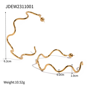 Polished 18k gold plated stainless steel wave hoop earrings with 6.2cm large circle design