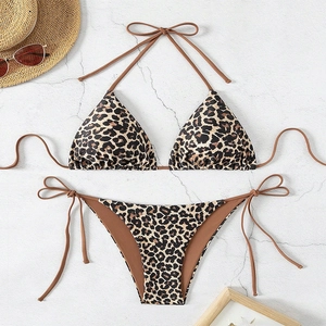 Bikini Top And Tie Side Bottom Swimsuit Polyester Spandex Leopard Animal Print Halter Summer Beach Sexy Swimwear Women