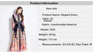 Detailed size guide and model specs for floral stand-collar dress with waist design