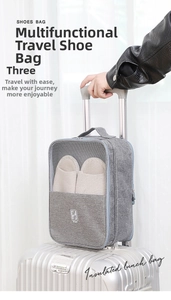 Grey travel shoe bag with mesh window attached to luggage handle for easy portability