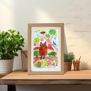 Front-opening A4 children art frame in light wood finish on a wooden desk