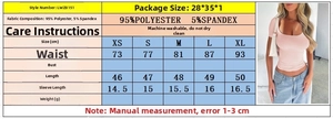 Detailed size guide for women's slim fit square neck crop top with polyester fabric info