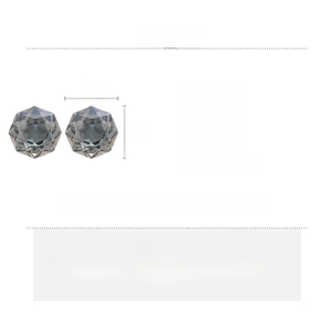 Detailed specs of hexagonal gray blue glass stud earrings with silver needles