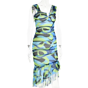 Detail of mesh ruffles and pop art print on v-neck backless bodycon fish-tail dress