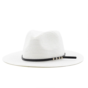Classic white Panama hat with black leather band and gold studs for summer sun protection