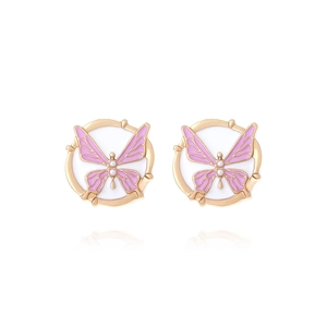Butterfly Stud Earrings With Stainless Steel Earring Post Alloy Enamel Faux Artificial Pearl Round Base Fashion Design For Women