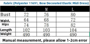 Detailed size chart for the stretch midi dress showing bust, waist, and hip measurements
