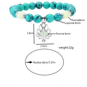 White turquoise yoga lotus bracelet with 8mm fluorite beads and luminous charm