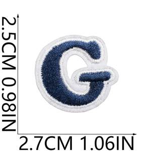 Navy blue embroidered letter G patch with white border and dimensions 2.5cm x 2.7cm
