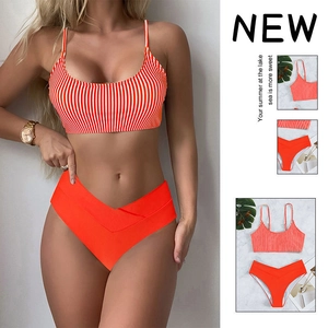 Two-piece bikini set with orange vertical stripes and high-waisted V-cut bottom