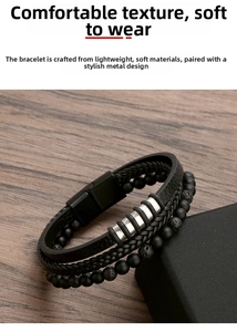 Macro shot of multi-layer leather bracelet with lava stone beads and silver metal rings