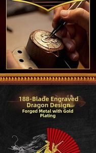 Macro detail of the 188-blade precision carving on the gold-plated metal dragon watch