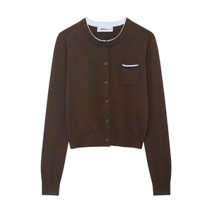 Women Knit Cardigan Round Neck Contrast Piping Pocket Button Front Long Sleeve Polyester Casual Sweater Coffee