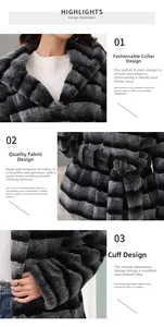 Detail of grey and black striped faux fur coat showing hooded collar and belted waistline