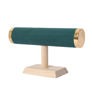 Solid wood jewelry T-bar stand with dark green velvet and gold metal caps for bracelets