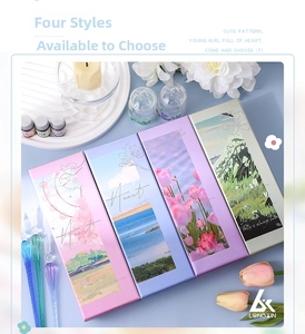 Close-up of glass dip pen stationery set including color inks and gift packaging boxes