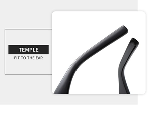 Detailed macro view of ergonomic curved black sunglass temples for comfortable ear fit
