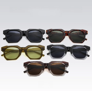 Geometric cut sunglasses collection in black, olive, tortoise, and gradient finishes